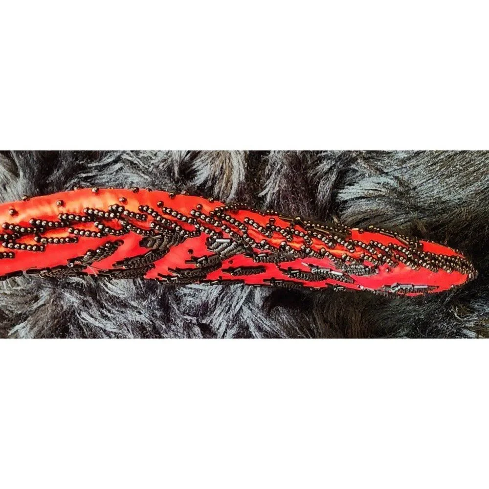 Vintage Fold Over Hand Beaded Pineapple Clutch Purse, Red Satin Black Beads